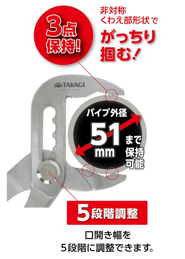 Takagi Wasserpumpenzange mit 250 mm Hergestellt in Verstellbar Hält Rohre bis zu 51 mm Außendurchmesser Sicher Flachkopf Sanitärwartungsschraubendreher, TKWP-250, Japan,