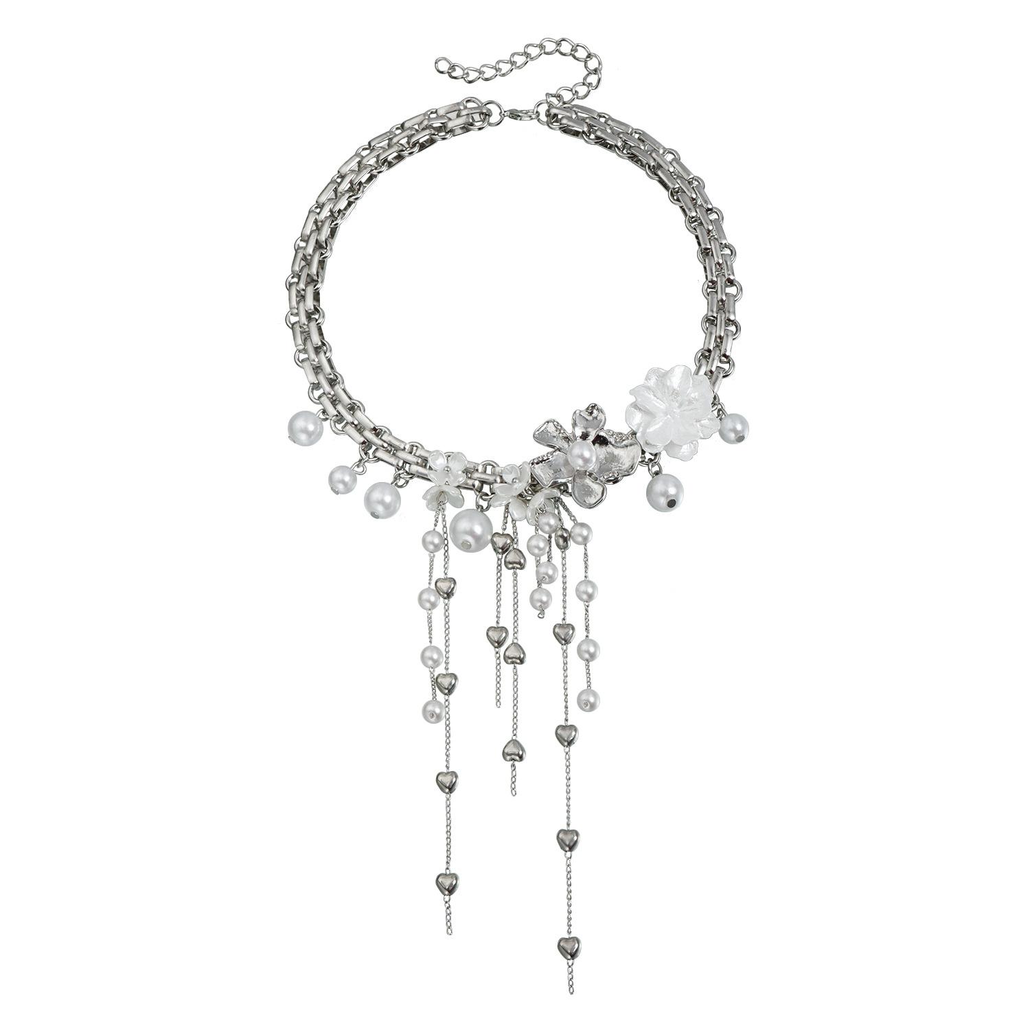 

Flower Pearl Tassel Necklace Versatile Fashion Temperament Clavicle Chain Sweet Cool Spice Girl Style Necklace