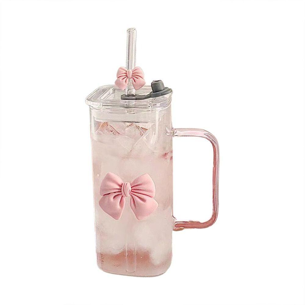 Versatile High Temperature Resistant Matcha Glass With Lids Capacity Glass Straw Cups Bowknot Glasses for Drinking Milk