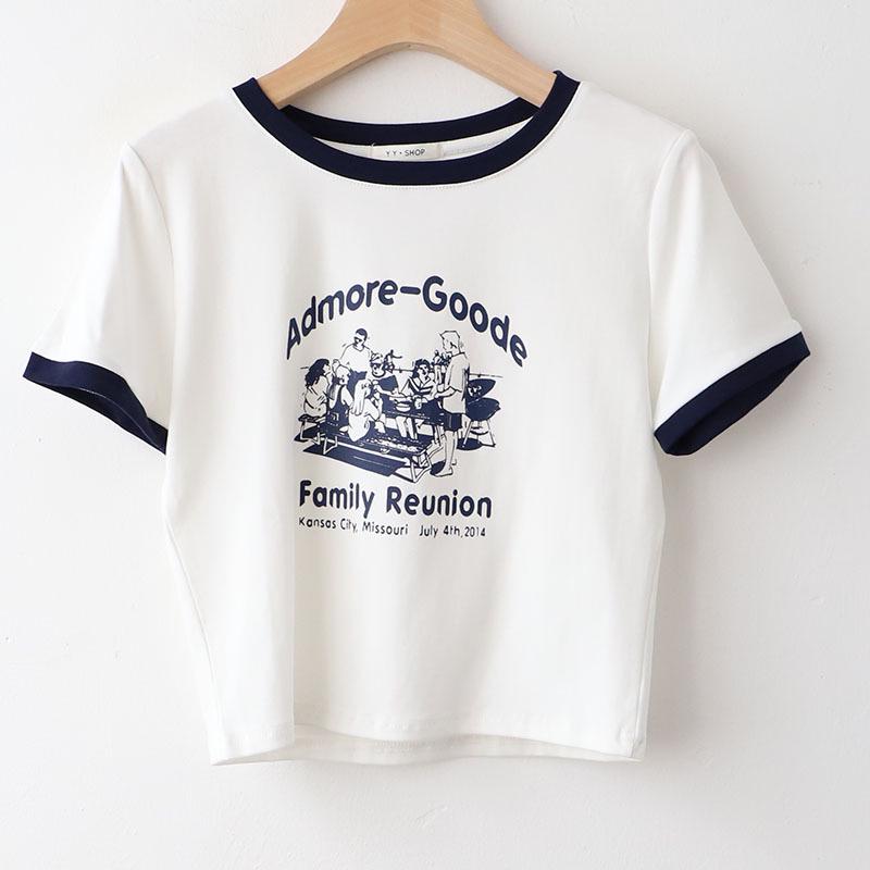 

Летняя новинка 2025 года, корейский женский хлопковый топ с короткими рукавами и ретро-принтом. 2XL белый