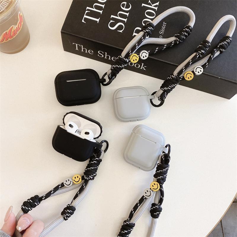 ins solid color smiley face hand rope for AirPods 1 generation protective cover second generation 1 generation pro1 apple bluetooth headset case