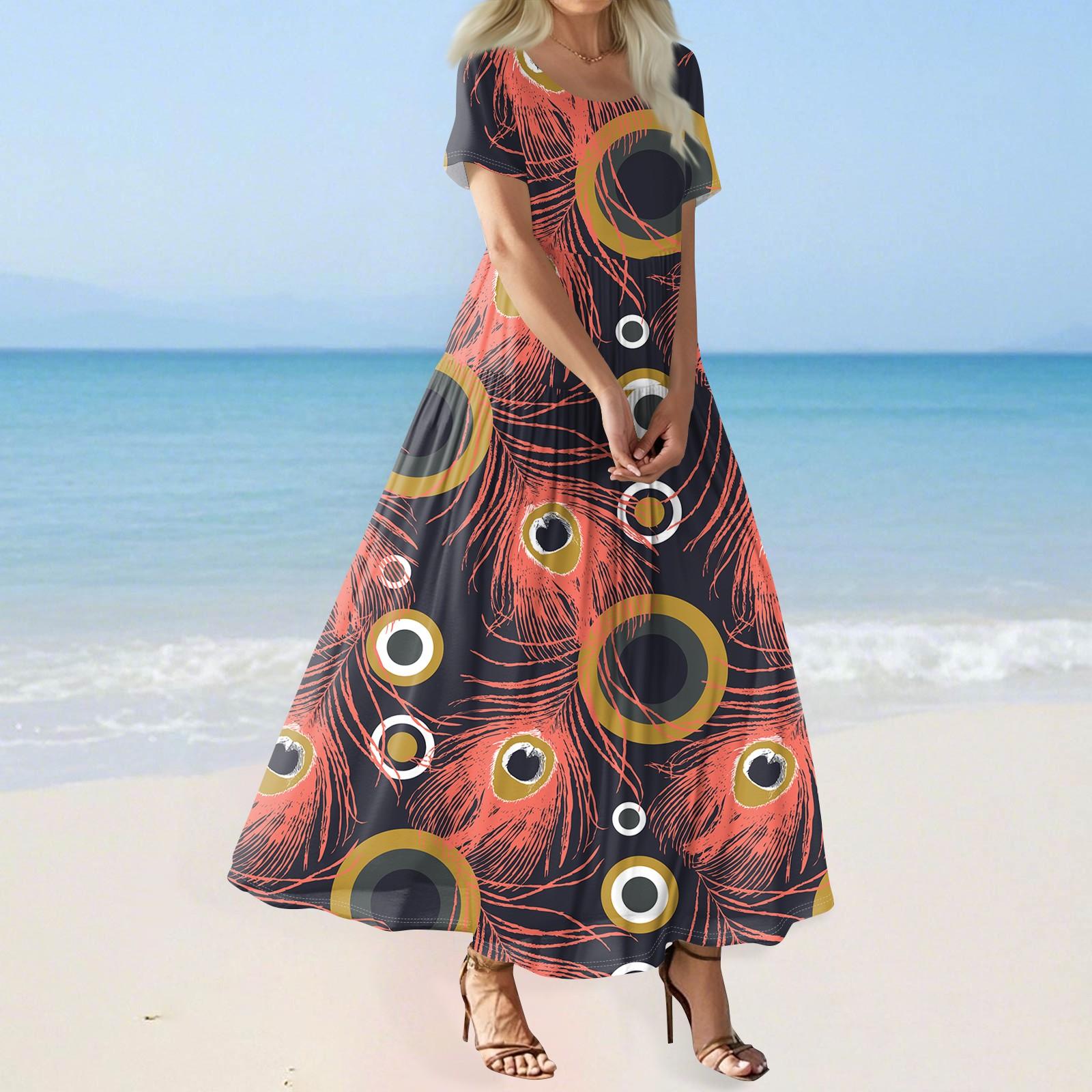 

Женское летнее повседневное платье макси с цветочным принтом, короткими рукавами, круглым вырезом, высокой талией, многослойным струящимся бохо-платьем XL киноварь