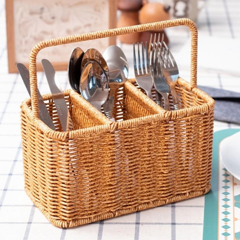 With Handle Utensil Storage Basket Large Capacity Woven Cutlery Organizer  Outdoor Camping