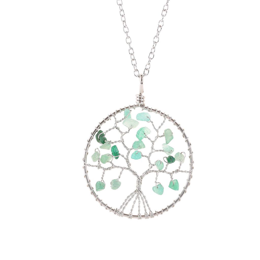 Handmade Wrapped Silver Silk Natural Crystal Gravel Wrapped Tree Of Life Fruit Tree Pendant N94