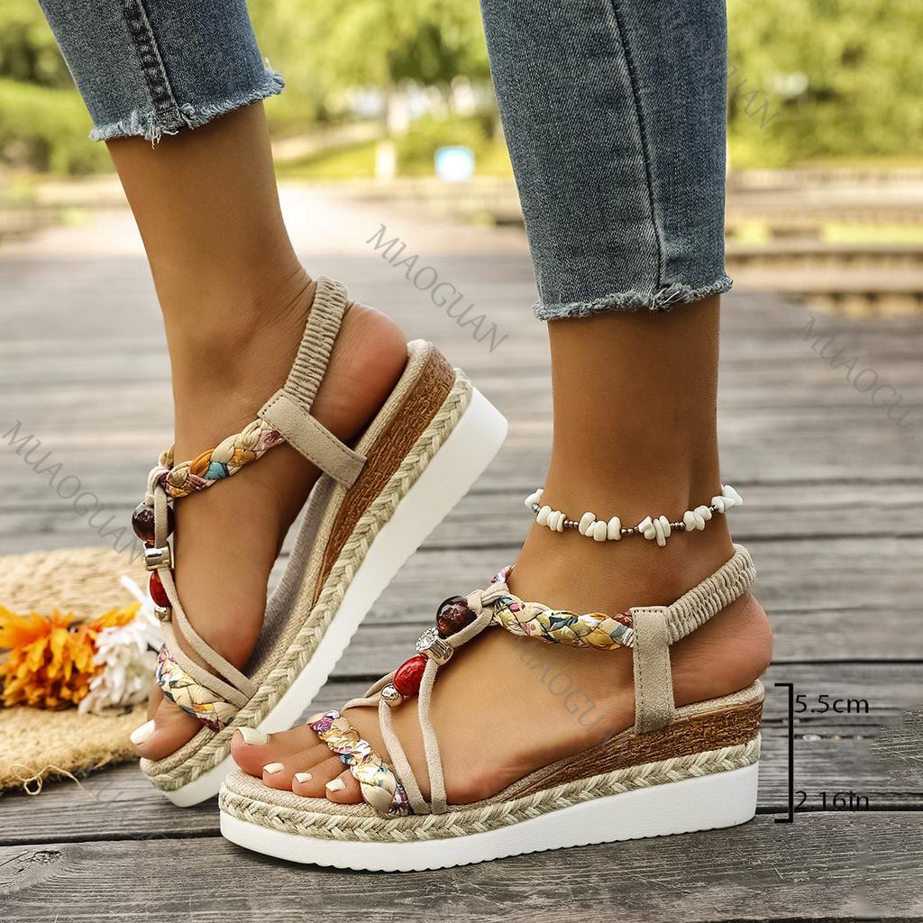 Fashion Women's Sandals Summer 2025 Bohemian Style Rhinestone Wedge-heeled Sandal Casual Mixed Color High Heel Open-toe Roman Sandales