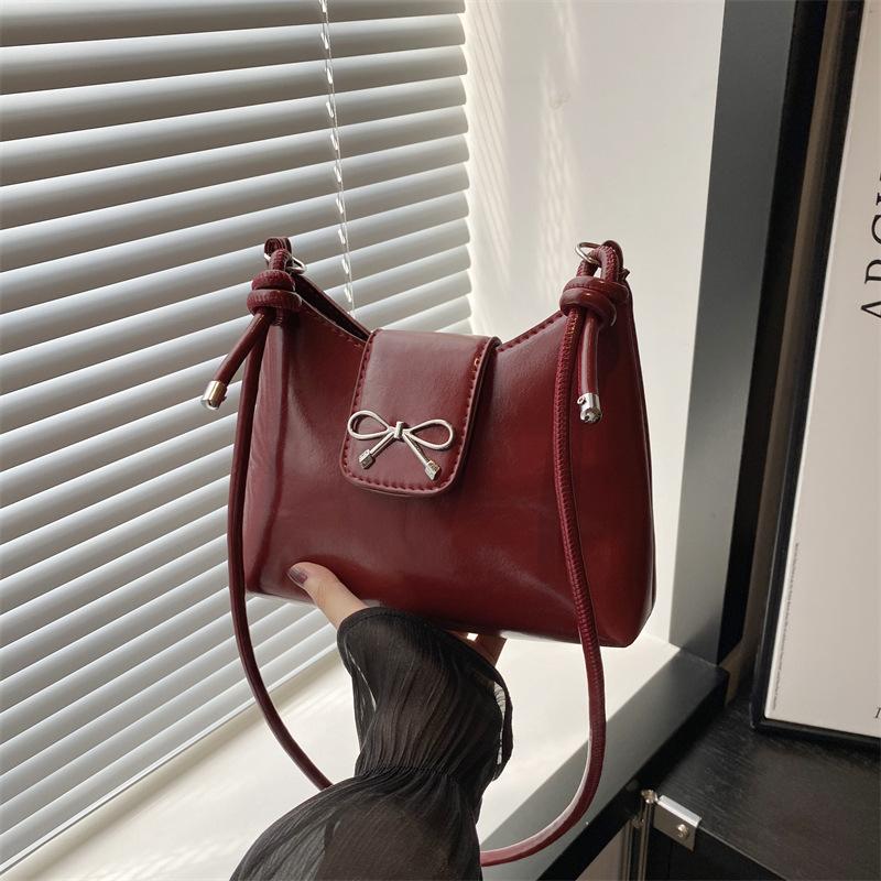 Borsa a mano con fiocco e ascella in pelle PU di colore solido, alla moda, con fiocco, da ascella, dolce, da donna, a tracolla