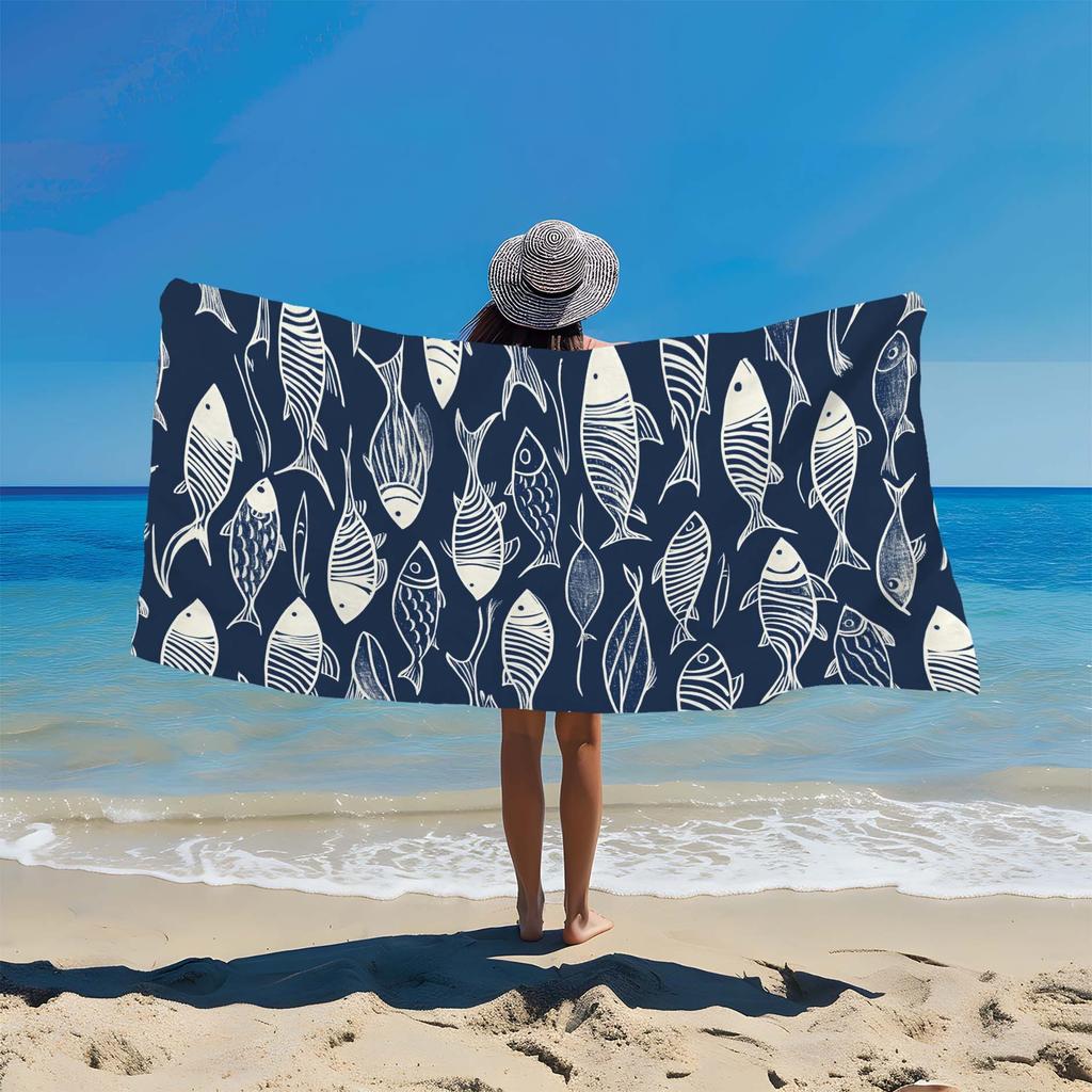 Unique Fish Print Beach Towel, Soft Absorbent for Sun Sand Stylish Summer Large Quick Drying