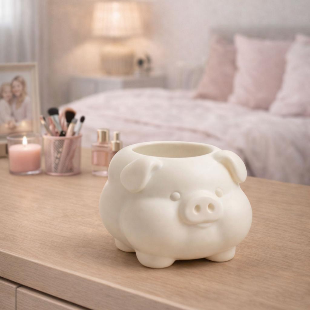 A container in the shape of a plump white pig