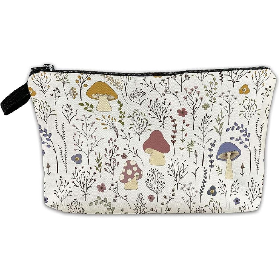 White Flower Floral Makeup Cosmetic Bag Blue Aesthetic Pouch Organizer Small Compact Cute Travel Mini Portable Beauty Toiletry Make Up Brush Storage