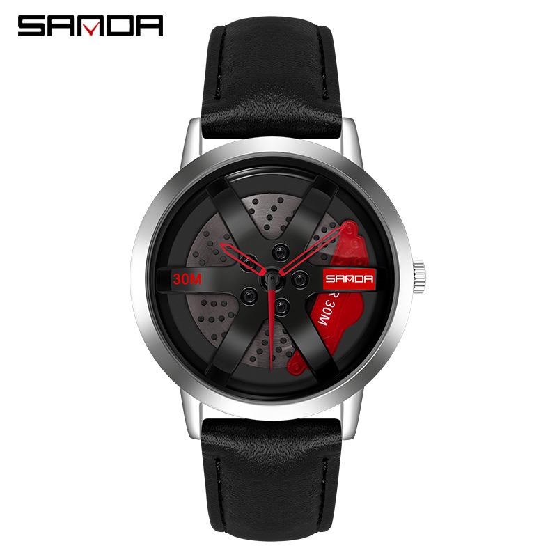 Sanda Men's 1061 Waterproof Leather Strap Watch with Trendy Hollow Dial