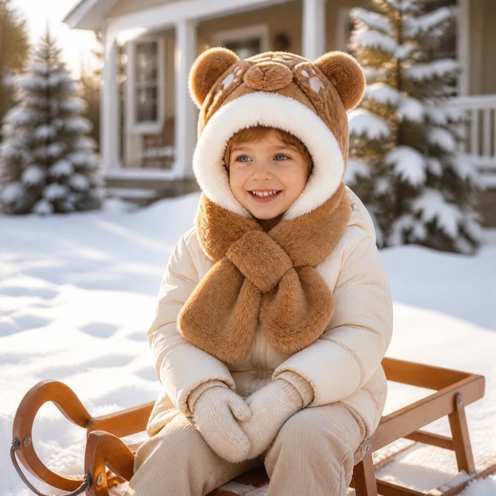 Thickened Winter Kids Plush Hat 2-in-1 Hat Scarf Cute Children's Hooded Scarf Winter