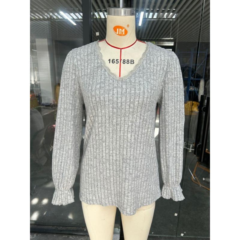 Graue Strickwaren Lose Frauen Pullover Pit Streifen Schleifen V-ausschnitt Spitze Langarm Pullover Einfarbig Casual Pendeln Basis Hemd Herbst Winter