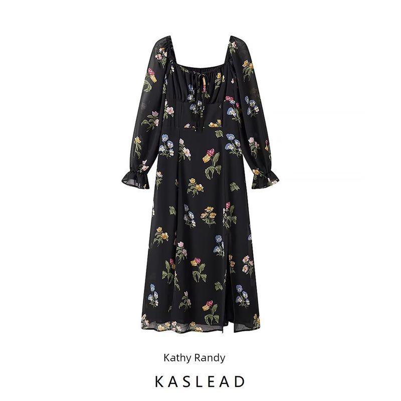 Kaslead New Arrival Women's Clothing Fashion Style Fashion Minimalist Square Collar Long Sleeve Print Dress