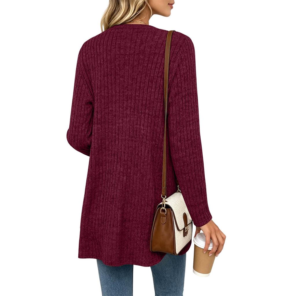 Women's Casual Color Long Sleeve Cardigan Open Front Knit Top for Everyday Wear