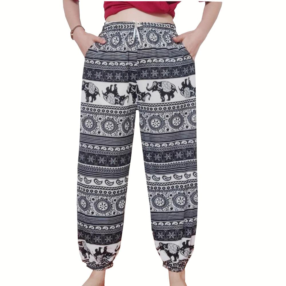 Elephant Jump Pants Pocket Adjustable Elastic High Waistband Strap Unisex Man Women Print Thailand Casual Streetwear Beach Bohemian Retro Vintage