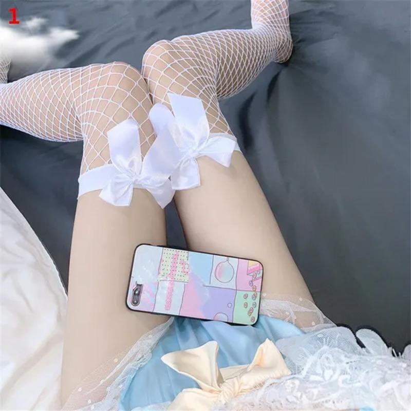 Women Lace Bow Stockings Mesh Nets Fishnet Thigh High Stockings Cosplay Over Knee Stockings Nightclub Long Socks