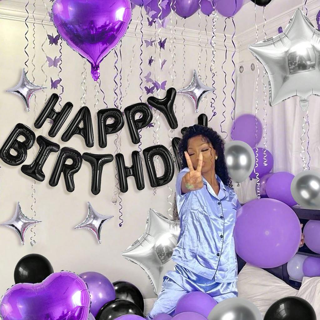 Purple themed black Happy Birthday balloon set includes heart-shaped aluminum foil balloons for birthday party decoration