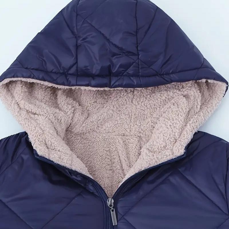Autumn and winter new, women, loose and plush, hooded, medium to long length, cotton coat, long sleeved jacket, diamond grid, quilted cotton jacket