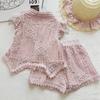 Girls' Pink Bow Top & Lace Shorts Two-Piece Summer Set