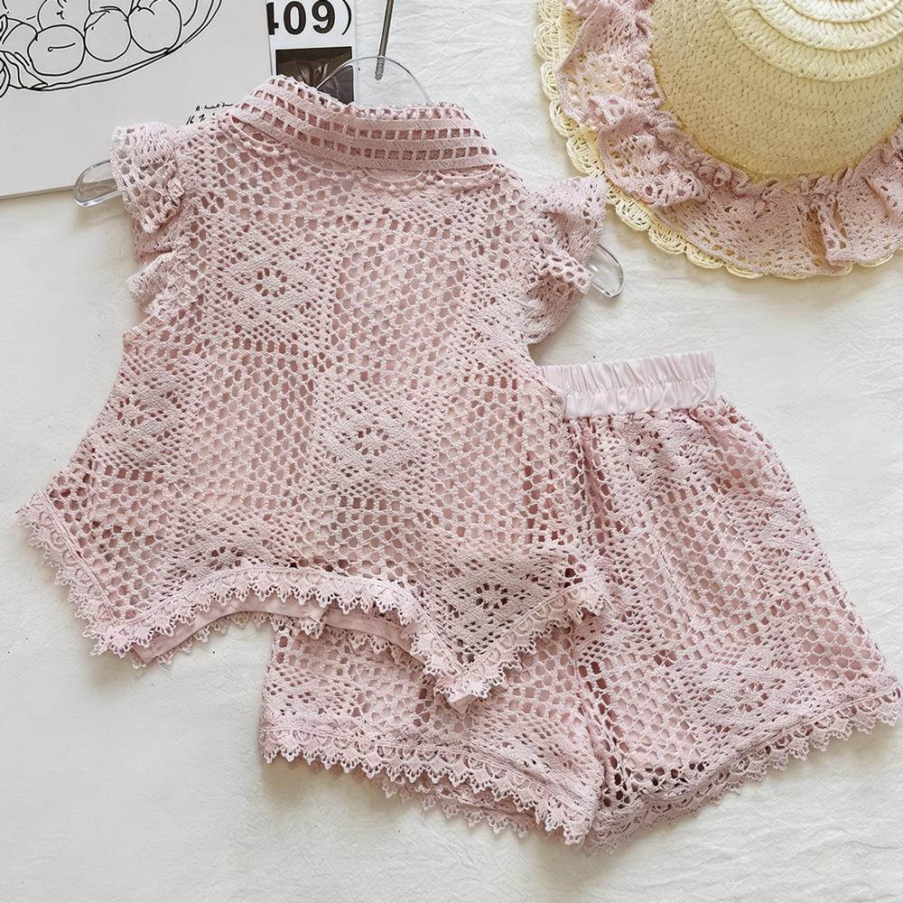Girls' Pink Bow Top & Lace Shorts Two-Piece Summer Set