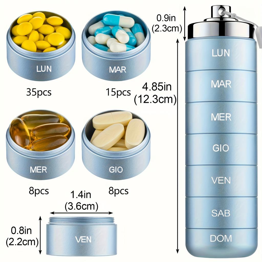 [Printed In Italy]Metal Travel Pill Organizer, Portable 7 Day Vitamin Organizer Stackable, Waterproof 1 Times A Day Pill Box