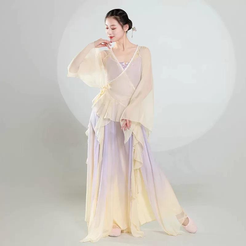 Women's Chinese Style Gradient Dance Dress, Flowy Chiffon Long Sleeve Performance Costume