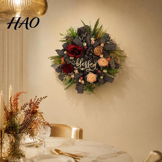 Harvest Seasonal Garland Fall Leopard Print Wreath for Front Door, Artificial Floral with Home Accents Blessed Sign, Faux Peony Flower Wall