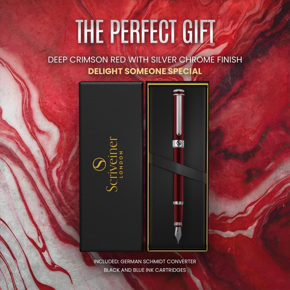 Scriveiner Deep Crimson Red Fountain Pen - Stunning Luxury Pen with Chrome Finish, Schmidt Nib (Medium), Best Pen Gift Set for Men & Women, Profession