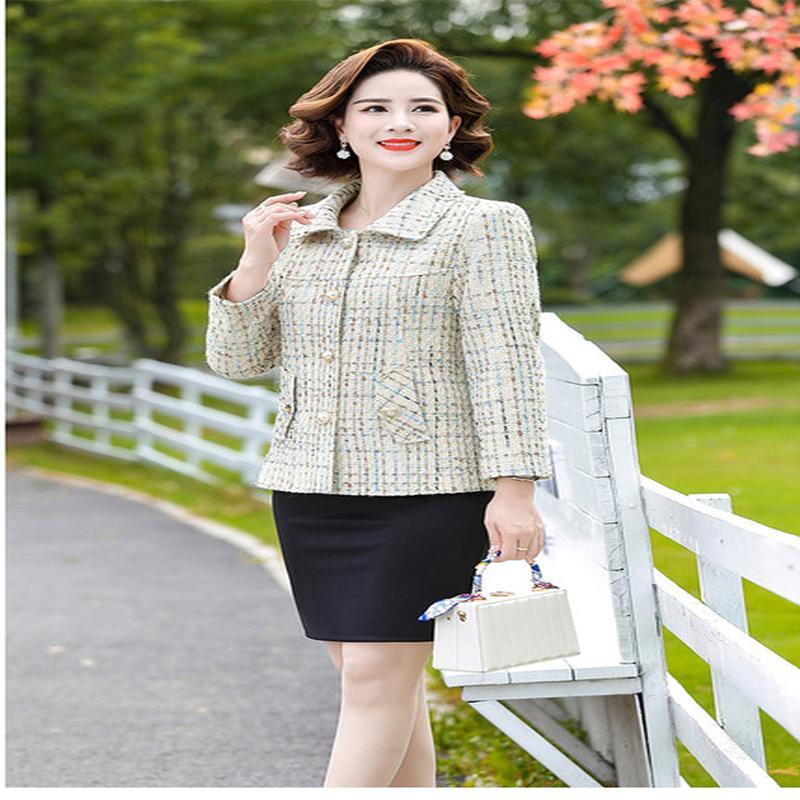 Spring Autumn Fashion Small Fragrance Tweed Jacket Women's Casual Wild Short Coat Mother Plaid Blazer Suit  Elegant  Outwear 5XL
