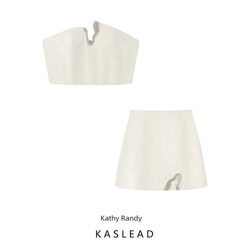 Kaslead New Arrival Women's Clothing Fashion Style Fashion Minimalist Rhinestone Design Tube Top Tops Mid-Length Dress Set