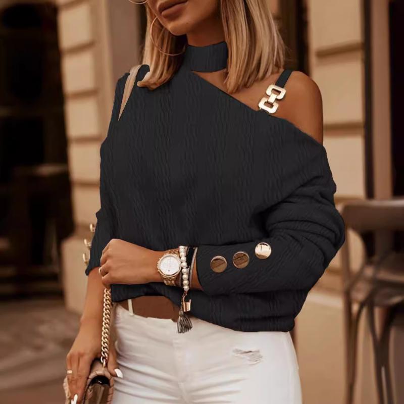 

Осенне-зимний модный и сексуальный топ с косыми плечами, декоративный топ с длинными рукавами и цепочкой-пуговицей 2XL чёрный