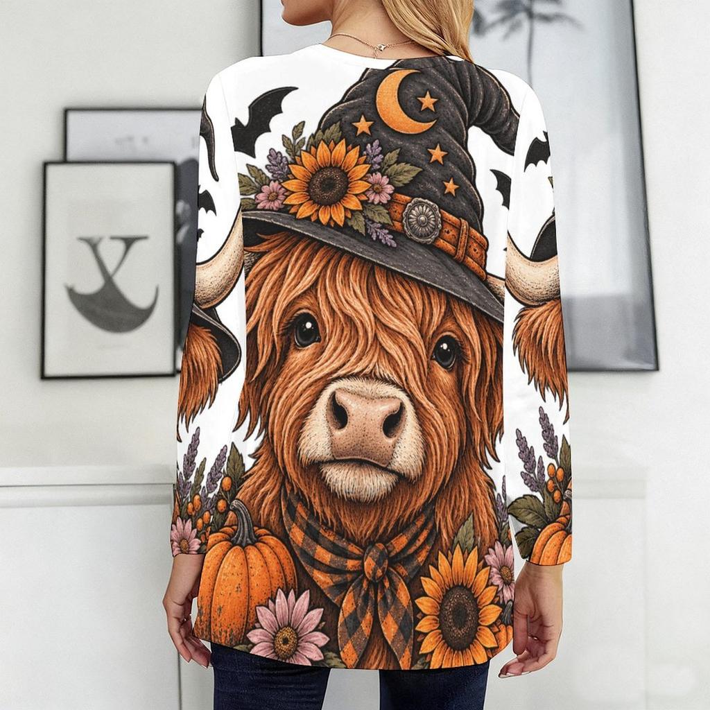 Women Plus Size Round Neck Long Sleeve T Shirt Cute Teddy Bear Pumpkin Print Loose Longline With Pockets