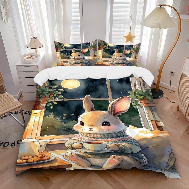 3pcs Anime Bunny Tea Party Bedding Set - Includes One Quilt Cover and Two Pillowcases (No Core) - Perfect for Bedroom and Guest Room Decorat