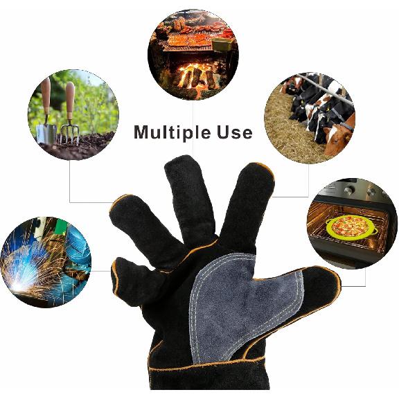 Extreme Heat & Fire Resistant Gloves Leather with Kevlar Stitching,Mitts Perfect for Fireplace, Stove, Oven, Grill, Welding, BBQ, Mig, Pot Holder,
