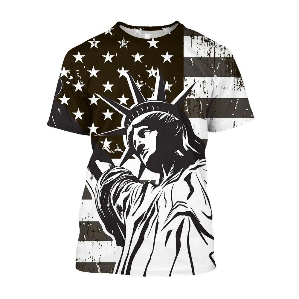 3D Statue of Liberty Printed American Flag Graphic T Shirts For Men Casual Harajuku Fashion T-shirts Unisex Clothing Top