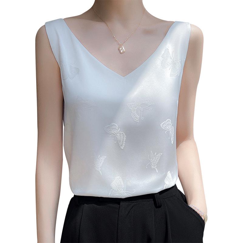 2023 Summer Women's V-Neck Silk Satin Camisole with Draped Silhouette