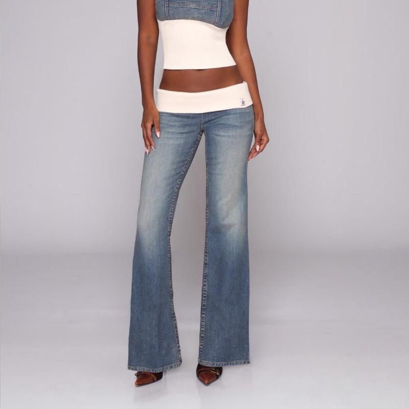 Jeans Bootcut Y2k Mujer Vintage Sexy Tiro Bajo Patchwork Lavado Jeans Chica Picante Azul Delgado Realzan Curvas Jeans Streetwear