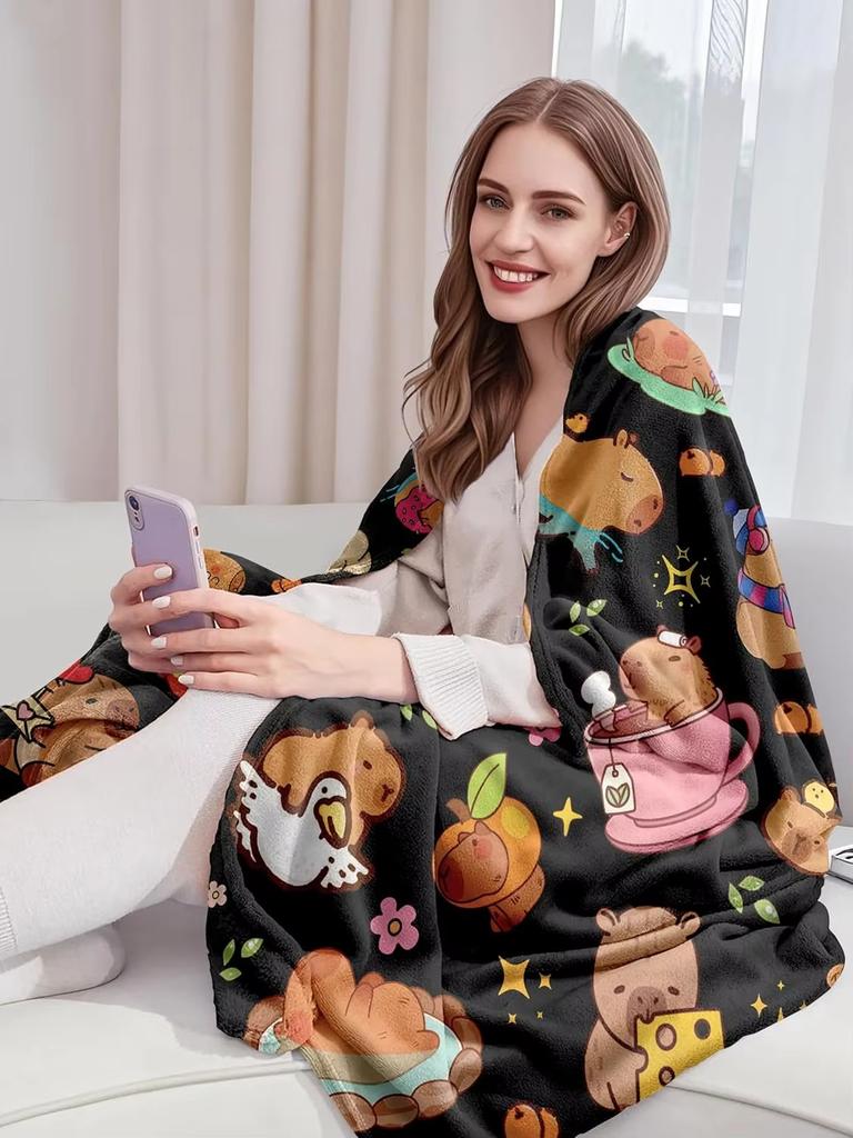 Capybara Blanket Gifts Warm Flannel Capybara Themed Throw Blanket Black Cartoon Decor Bedding For Sofa Bed