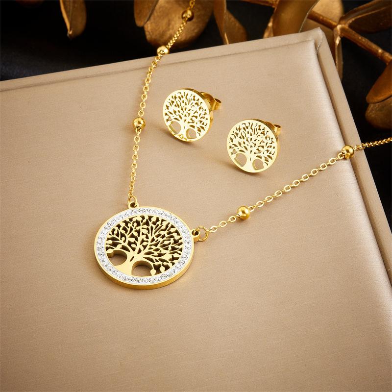Trendy Minimalist Round Hollow Tree of Life Pendant Earring Necklace Set