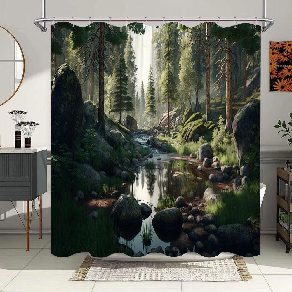 1 pièce Rideau de douche extra long Forêt et Ruisseau - Grand rideau de bain avec forêt de pins ensoleillée, rochers couverts de mousse et ruisseau