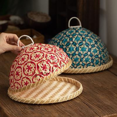 Handmade Rattan Southern Style Fruit Plate Bread Basket Round with Lid Insect Proof Table Cover Fruit Leftovers Umbrella