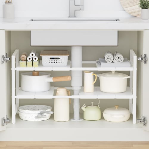 TKUIN Under-Sink Storage Rack, Extendable from 40-70cm Wide and 7 Height Adjustable Tiers, 35cm Deep, 40cm High, Large Capacity, 2-Tier Storage Rack,