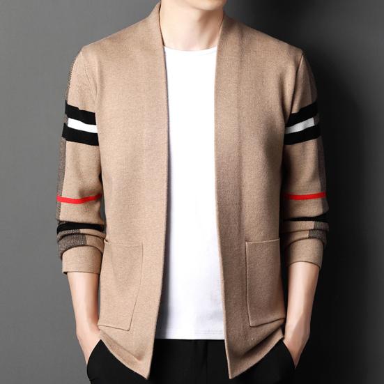 Long Sleeves Pockets Thickened Warm Cardigan Sweater Men Autumn Winter Patchwork Color