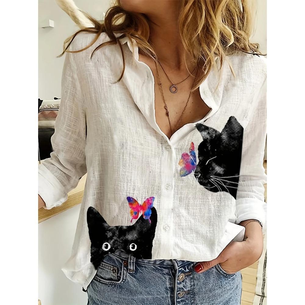 Women's Shirt Spring Fashion Clashing Color Patchwork Shirt Tops Blouse Temperament Sense Long Sleeve Cat Print Shirts