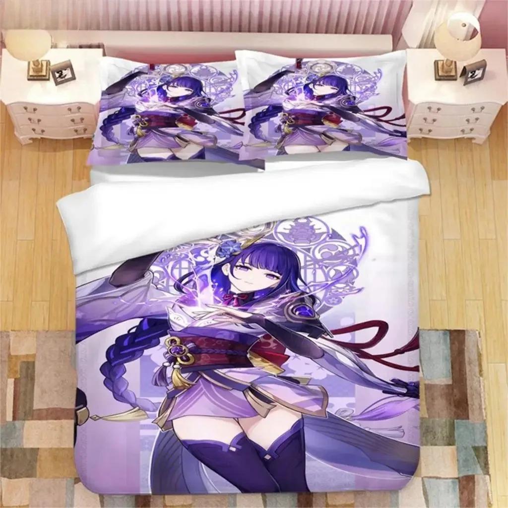 Genshin Impact Raiden Shogun Beding Set Bedrom Soft Modern Bedspreads Comefortable Children Kids Soft Duvet Cover Comfortable Quilt Cover And