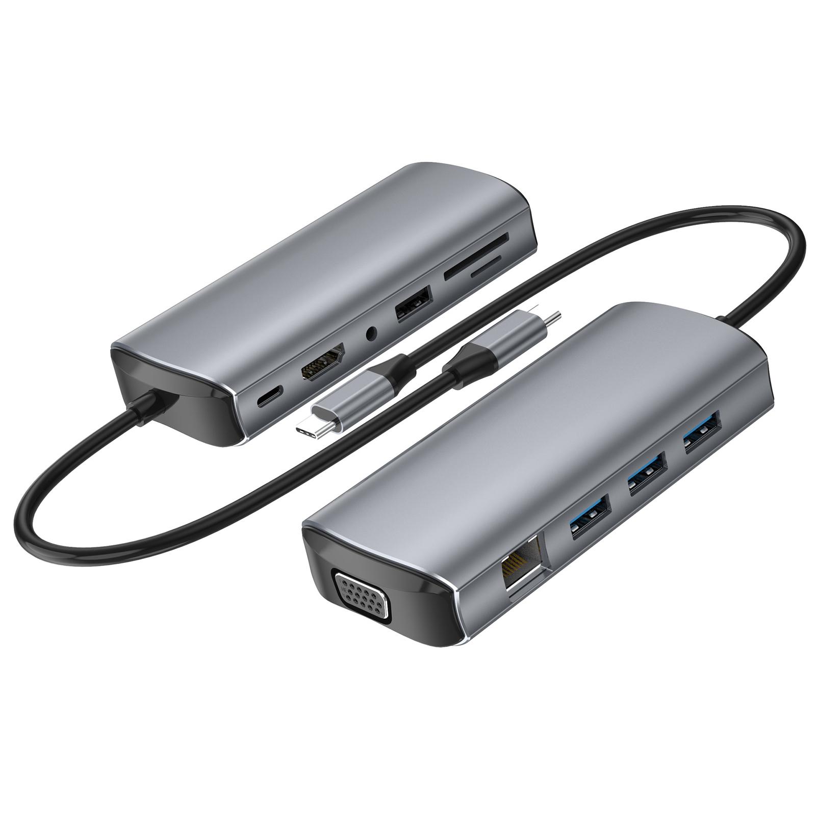 

1928 Док-станція 11-в-1 Type-C на USB-C+USB2.0+3xUSB3.0+Слот для карт SD/TF+3.5мм+4K HD+VGA+RJ45 Адаптер USB-хаба As Shown A