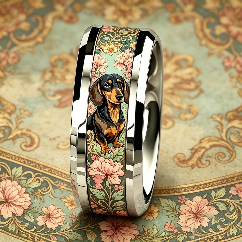 Cute Dachshund Dog Pink Floral Pattern Ring Fashion Men Stainless Steel Ring Cute Pet Daily Wear Stackable Ring Wedding Jewelry