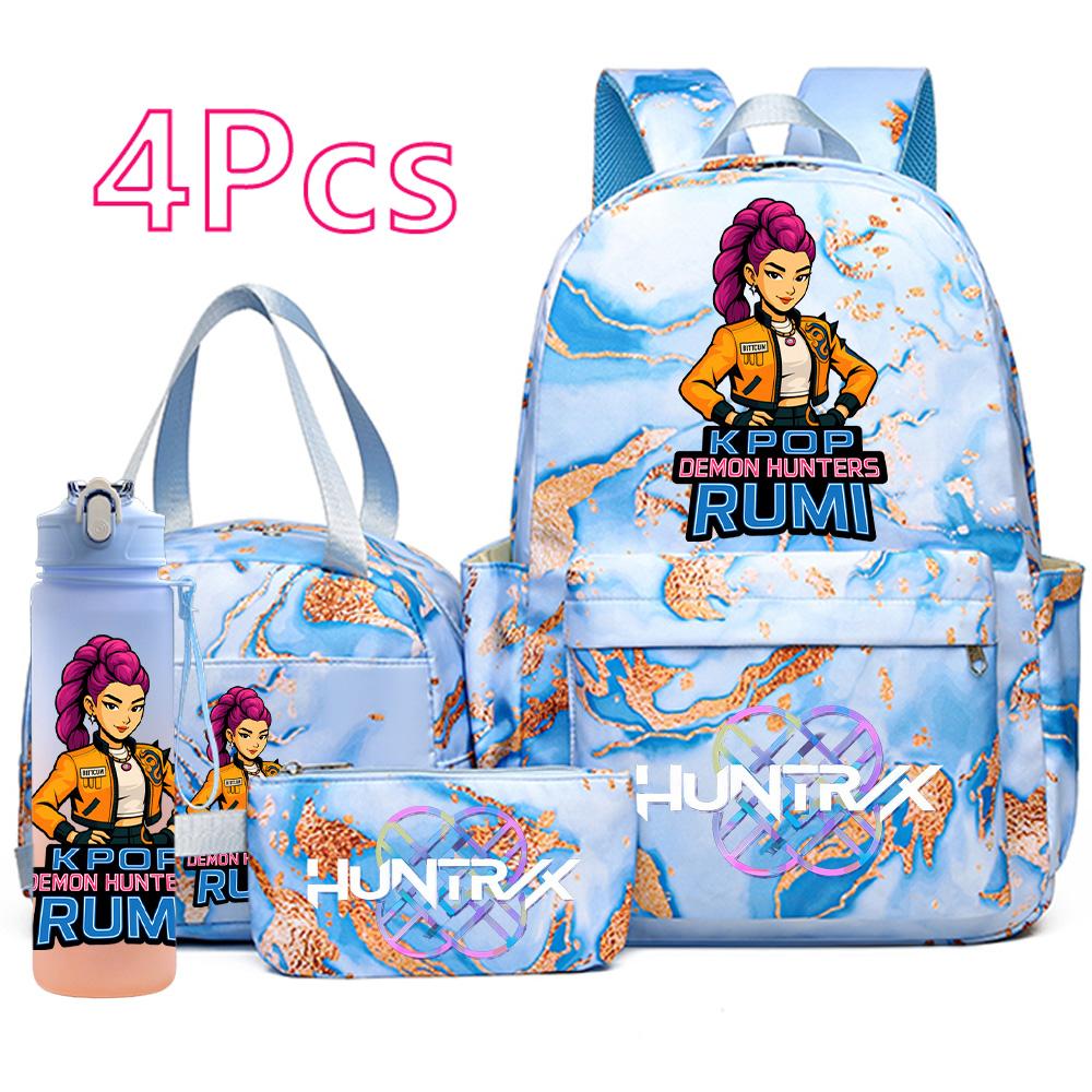 4Pcs/set K-Pop Printed Backpack Handbag Pencil Case with 750Ml Water Bottler for Teenager Boy Girl Schoolbag Large Capacity Bookbag Kid Gift Mochila