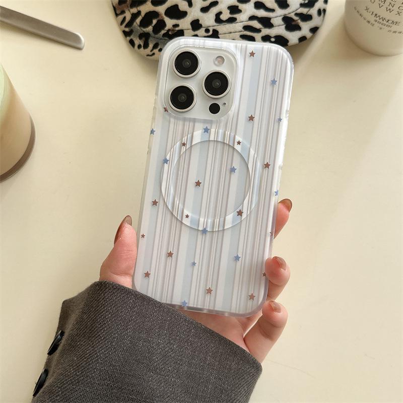 Korean-Style Blue Brown Star Patchwork Magnetic Case for iPhone 17/16 Pro Max/15/14