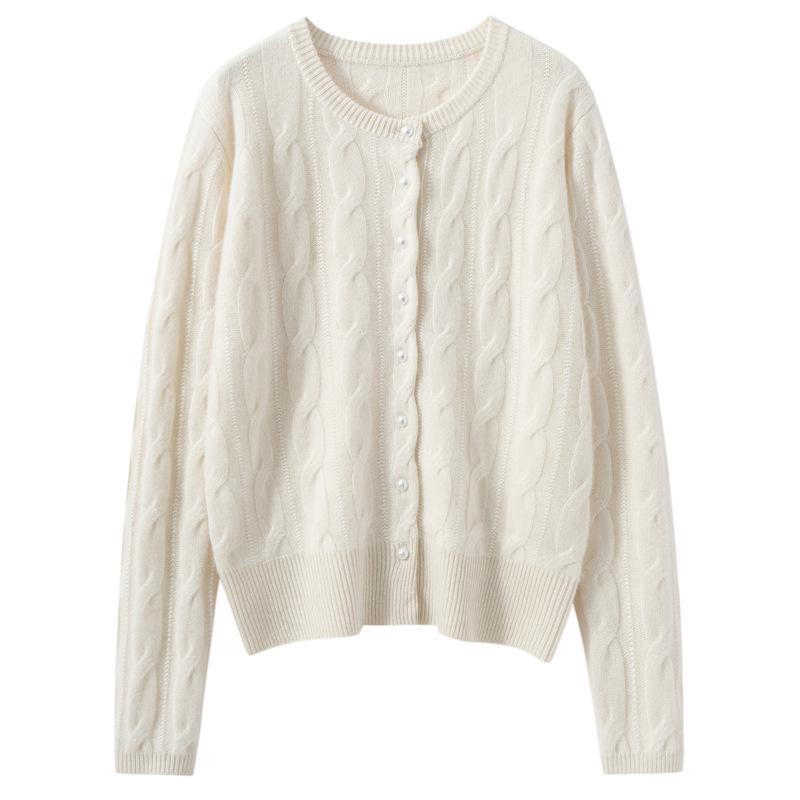 2025 Autumn/Winter Women's Chic Cashmere Cable Knit Cardigan with Pearl Buttons